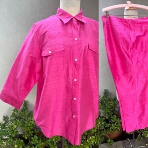 Lauren by Ralph Lauren 100% silk outfit pant top blouse Hot pink Sz XL 16